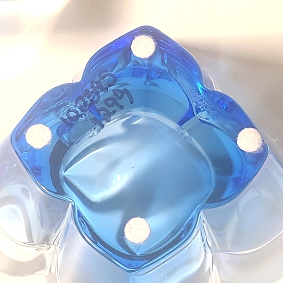 Pair Of Orrefors Sweden Lars Hellston Blue And Clear 4-Petal Glass Lotus Bowls. 